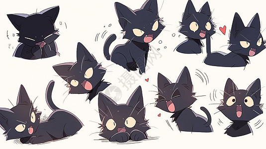 可爱的卡通小黑猫多表情与动作图片