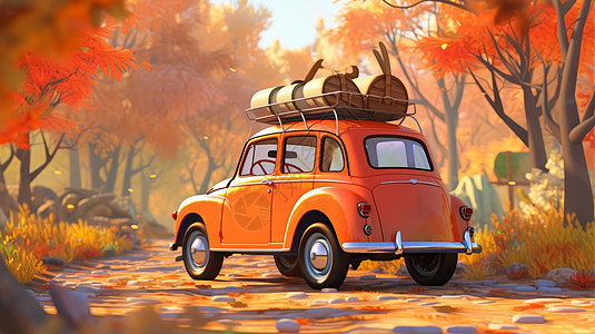 秋天在橙黄色森林间小路上的卡通汽车背景图片