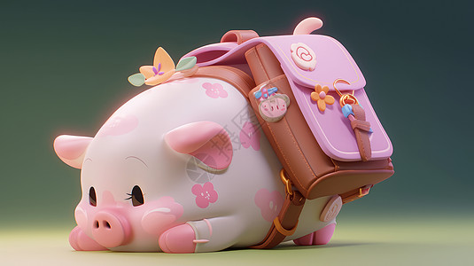 立体可爱的粉色小花猪背着包背景图片