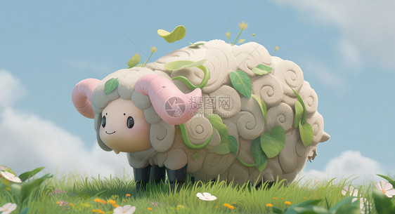在草地上有厚厚的羊毛的卡通羊图片
