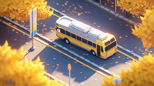 造汽车秋天停在停车场的卡通巴士插画