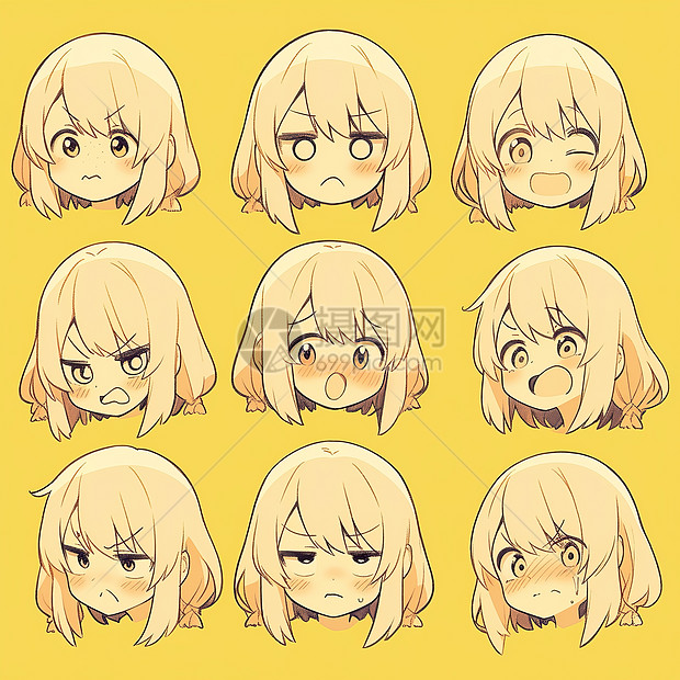 浅黄色头发可爱的卡通女孩各种表情图片