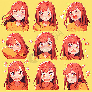橙色长发可爱的卡通女孩各种表情图片