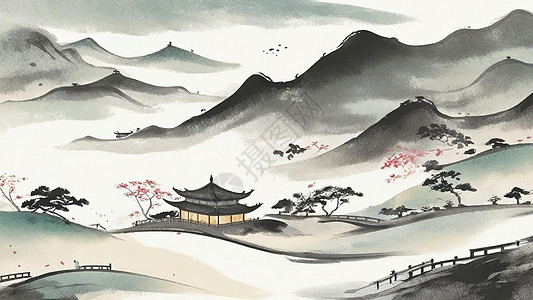 中国山水画水墨简约风景图背景图片