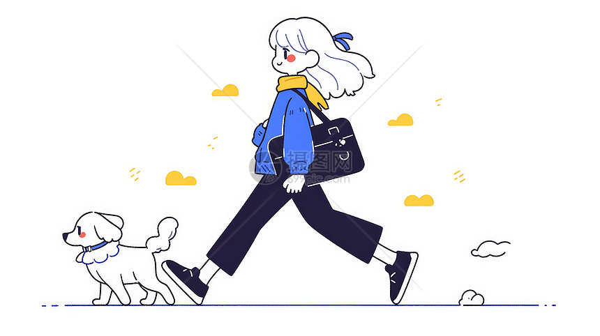 围着黄色围巾与小白狗一起散步的卡通小女孩图片