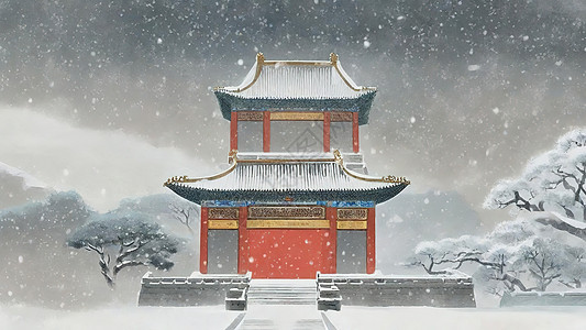 大雪中的古建筑图片