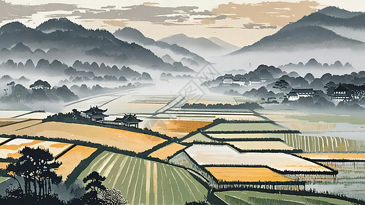 烟雨中的稻田田园插画图片