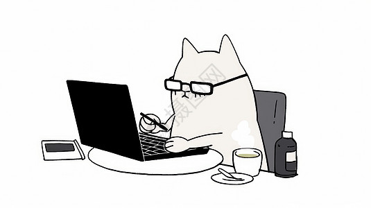 卡通白猫在电脑前认真工作图片