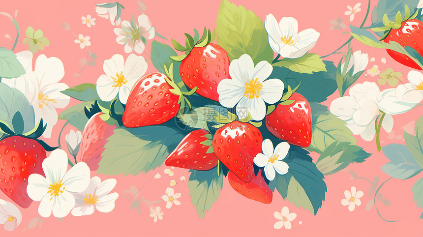 可爱诱人的卡通草莓与花朵图片