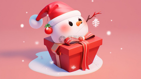红色礼物盒上戴着圣诞帽的可爱卡通小雪人图片