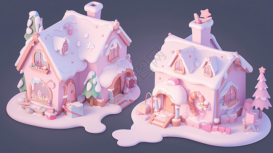 被雪覆盖的可爱立体卡通小房子图片