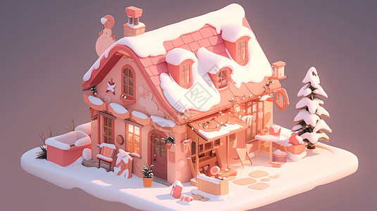 圣诞节雪后的可爱立体卡通小房子背景图片