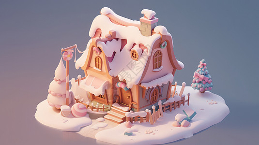 被大雪覆盖的立体可爱的卡通小房子背景图片