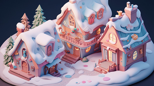 冬天大雪中三个温馨的卡通小木屋图片