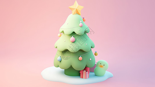 粉色的背景上简约可爱的立体卡通圣诞树图片