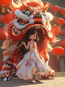穿白色传统风长裙站在舞狮子下的可爱卡通小女孩图片