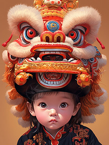 大眼睛可爱的卡通小朋友戴着舞狮帽子图片