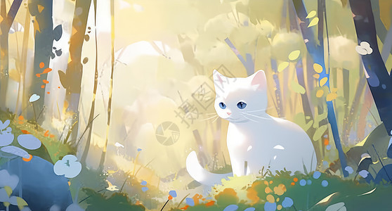 在森林中草地上可爱的卡通小白猫图片