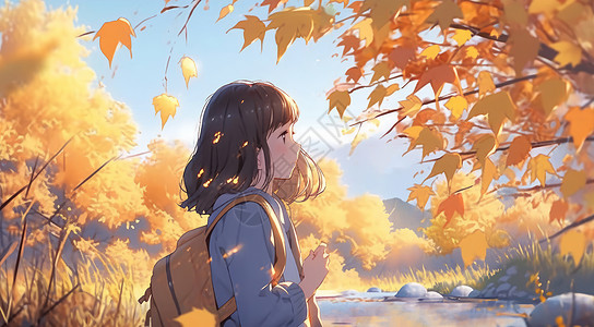 秋天穿着蓝色衣服背书包欣赏落叶的卡通女孩图片