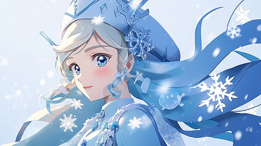 穿着蓝色公主衣服的卡通女孩在大雪中图片