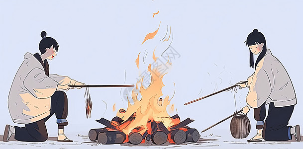 火培鱼冬天在篝火旁露营的卡通人物插画