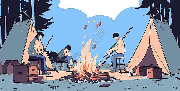 冬天夜晚在森林中的火堆旁的卡通人们图片