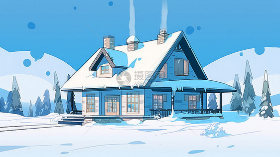 在雪地里的蓝色调简约的卡通小房子图片