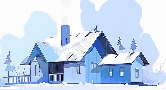 冬天雪后蓝色调卡通小房子图片