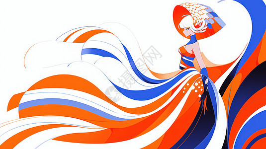穿橙色条纹长裙时尚漂亮的卡通女人图片