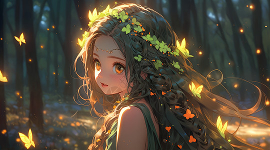 头戴绿色花环在森林中的卡通女孩图片
