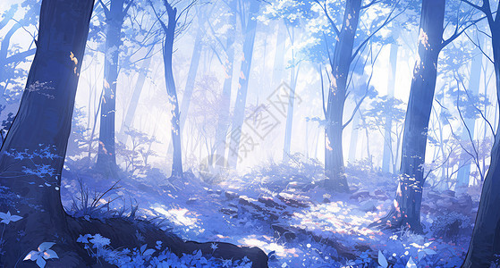 蓝紫色调美丽的卡通原始森林背景图片