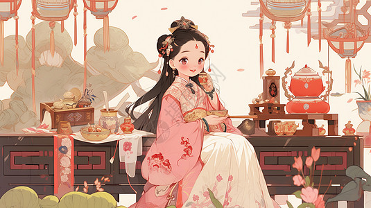 古风装扮优雅喝茶的卡通女孩图片素材