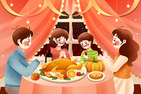 感恩节之夜家人聚餐插画图片