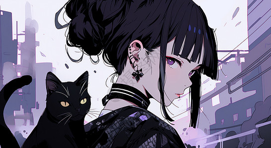在街上酷酷的卡通女孩与黑猫背景图片
