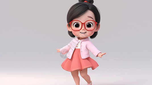 戴着红框眼镜开心跳舞的可爱卡通小女孩图片