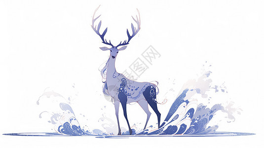 复古漂亮的卡通神鹿走在水中背景图片