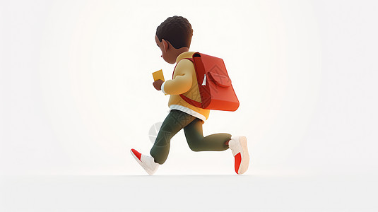 深色皮肤立体卡通小男孩背着红色书包奔跑高清图片