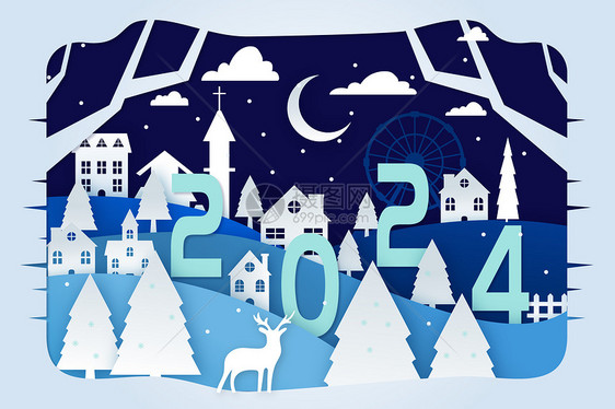 2024新年冬季剪纸风格插画图片
