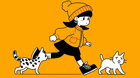 戴着黄色毛线帽与良知卡通小猫一起奔跑的卡通小女孩图片