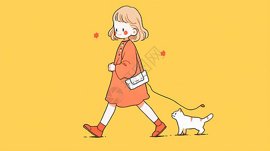 大步走路的卡通小女孩跟着一只卡通小白猫图片