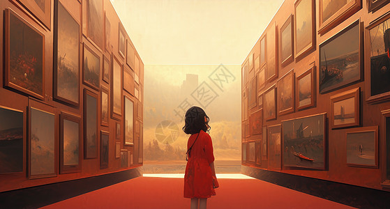 穿红色裙子在超大展厅中欣赏画展的卡通女孩背影高清图片