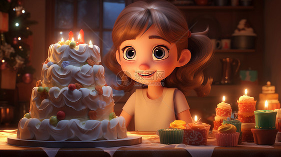 夜晚在餐桌前看着蛋糕微笑的可爱卡通小女孩图片