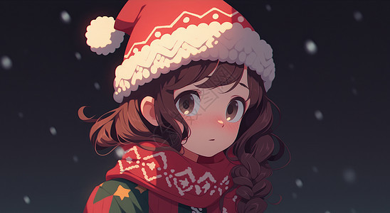 冬天大雪中戴着圣诞帽围着红色围巾的可爱卡通小女孩图片