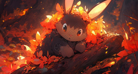 秋天傍晚趴在森林中的可爱的卡通小兔子背景图片