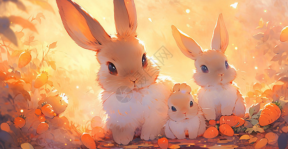 秋天在温暖的阳光下可爱的卡通小兔子一家图片