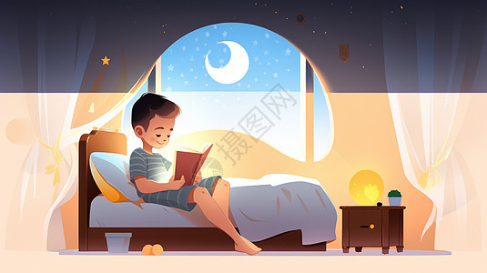 夜晚坐在床边悠闲看书的可爱卡通小男孩图片