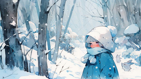 冬天雪后在森林中散步的可爱卡通小女孩图片