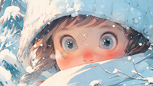 戴着后毛线帽在大雪中的可爱卡通小女孩面部特写图片