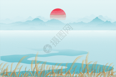 景观草立冬蓝色创意唯美红日芦苇GIF高清图片