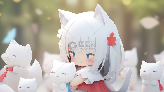 有可爱猫耳朵的卡通女孩抱着白猫图片